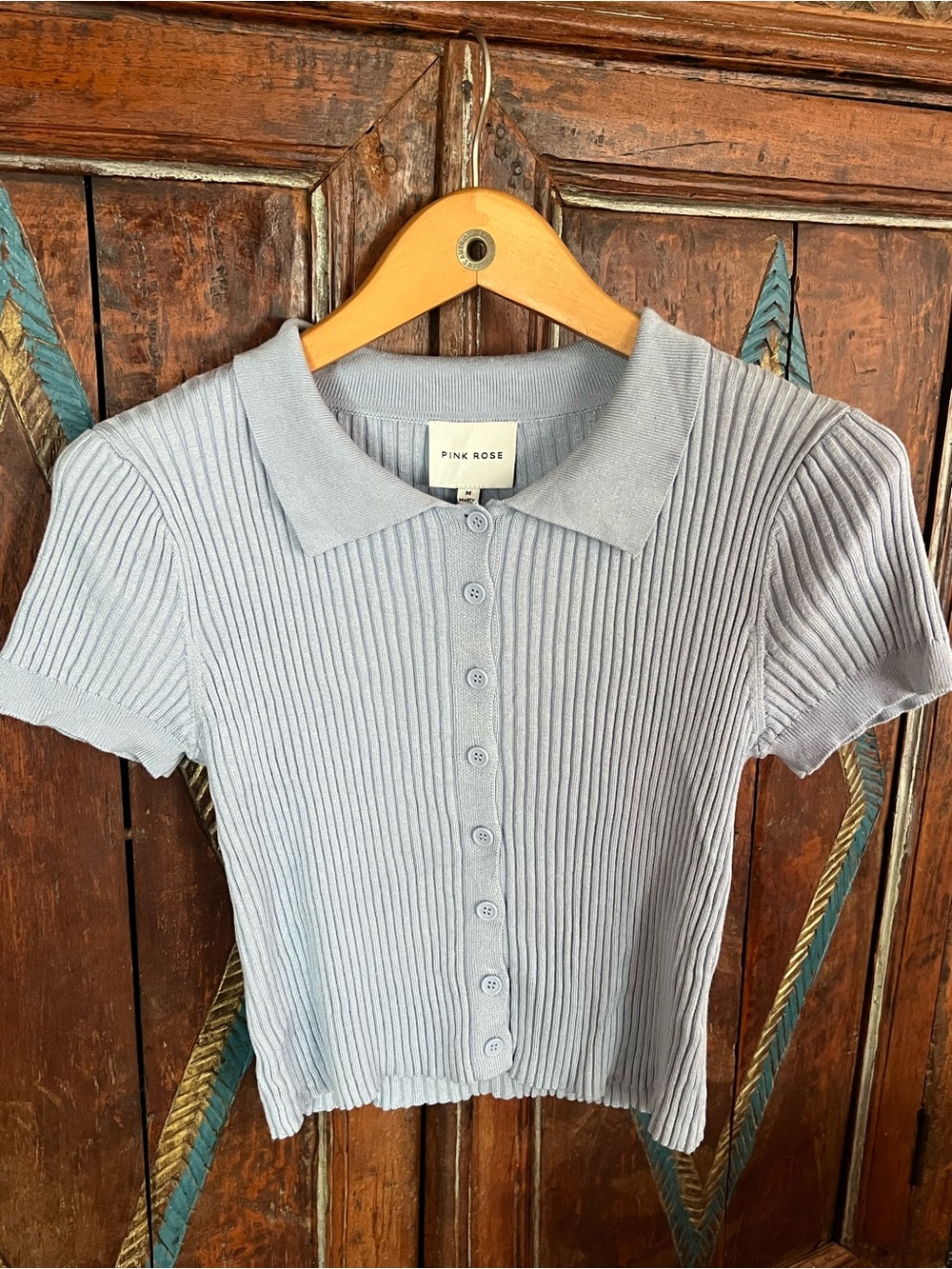Pink Rose Light Blue Ribbed Button-Front Polo Top
